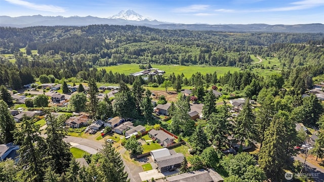 22106 Cedarview Dr E, Bonney Lake, WA 98391 - aerial view of property and surrounding area featuring a forest, a mountain backdrop, and nearby suburban area