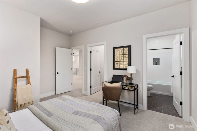 1201 222nd Ct SE, Sammamish, WA 98075 - bedroom with light carpet, baseboards, and ensuite bath