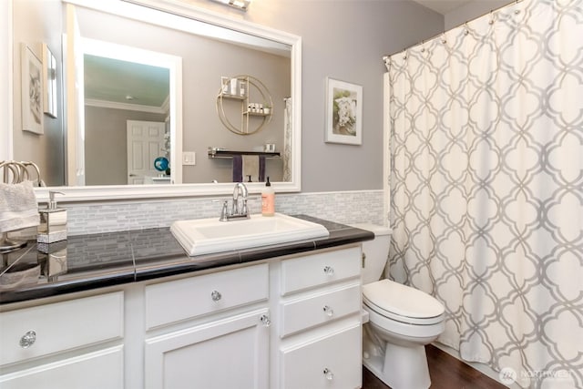 14918 Champion Estates Dr SE, Yelm, WA 98597 - full bathroom featuring vanity, tasteful backsplash, ornamental molding, a shower with shower curtain, and wood finished floors