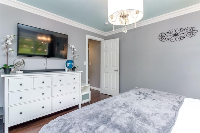 14918 Champion Estates Dr SE, Yelm, WA 98597 - bedroom with crown molding, a chandelier, and dark wood-style floors