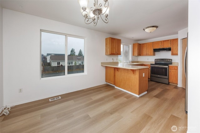 1105 200th Street Ct E, Spanaway, WA 98387 - kitchen with stainless steel appliances, a sink, under cabinet range hood, light wood finished floors, and a peninsula