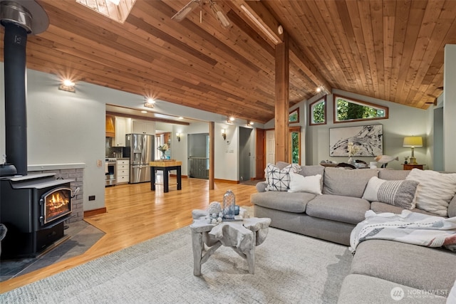 35224 28th Ave S, Federal Way, WA 98003 - living area featuring a wood stove, wood ceiling, light wood-type flooring, and lofted ceiling