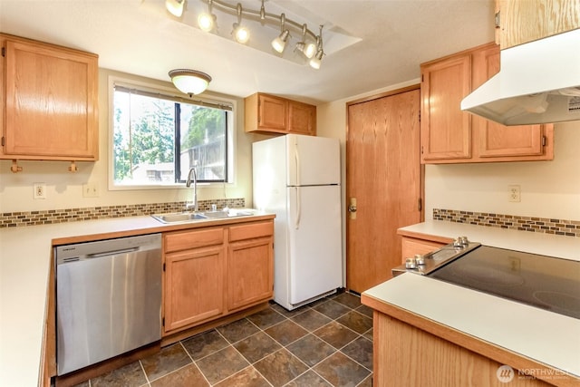 7620 194th Ave E, Bonney Lake, WA 98391 - kitchen featuring stainless steel dishwasher, freestanding refrigerator, under cabinet range hood, decorative backsplash, and light countertops
