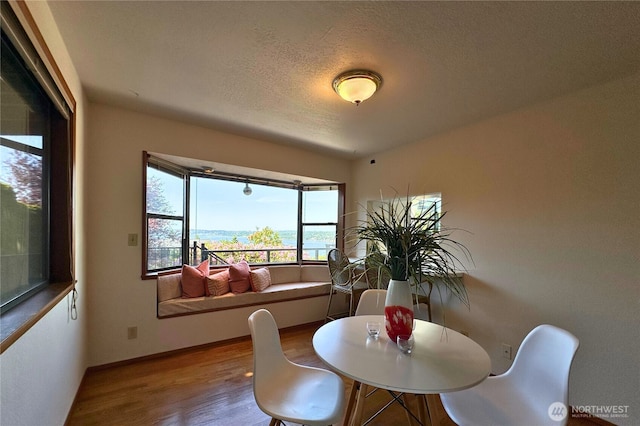 714 SW 296th St, Federal Way, WA 98023 - dining area featuring wood finished floors, a textured ceiling, baseboards, and a water view