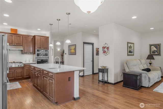 431 Timberland Loop, Mount Vernon, WA 98273 - kitchen with under cabinet range hood, stainless steel appliances, open floor plan, a sink, and wood finished floors
