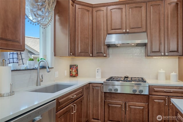 431 Timberland Loop, Mount Vernon, WA 98273 - kitchen with under cabinet range hood, a sink, stainless steel appliances, tasteful backsplash, and light countertops