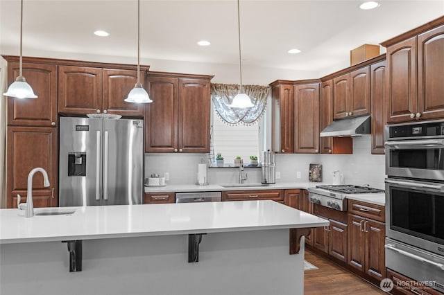 431 Timberland Loop, Mount Vernon, WA 98273 - kitchen with stainless steel appliances, a warming drawer, a sink, under cabinet range hood, and recessed lighting