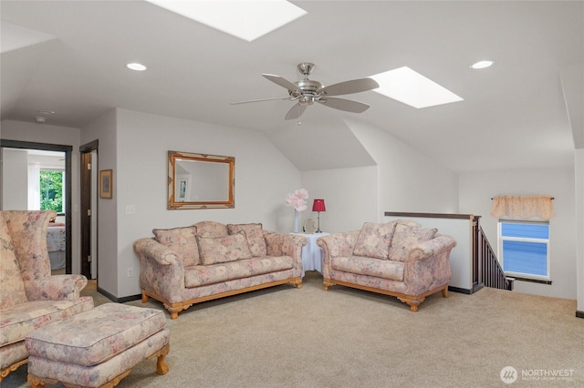 431 Timberland Loop, Mount Vernon, WA 98273 - carpeted living room featuring a skylight, recessed lighting, vaulted ceiling, and ceiling fan