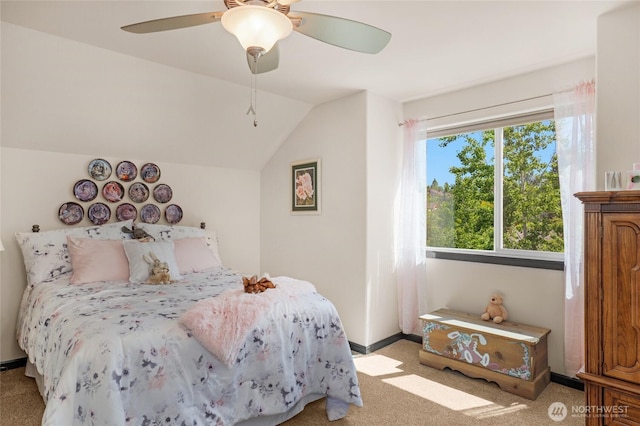 431 Timberland Loop, Mount Vernon, WA 98273 - bedroom featuring light colored carpet, lofted ceiling, a ceiling fan, and baseboards