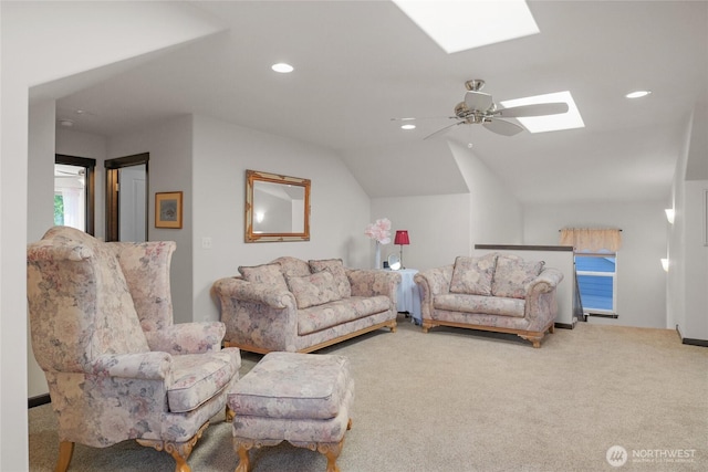 431 Timberland Loop, Mount Vernon, WA 98273 - living room with a skylight, carpet floors, recessed lighting, lofted ceiling, and a ceiling fan