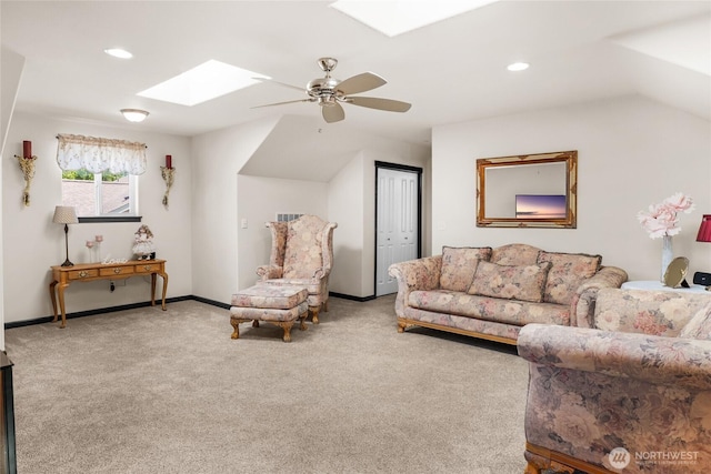 431 Timberland Loop, Mount Vernon, WA 98273 - carpeted living area featuring a skylight, a ceiling fan, vaulted ceiling, recessed lighting, and baseboards