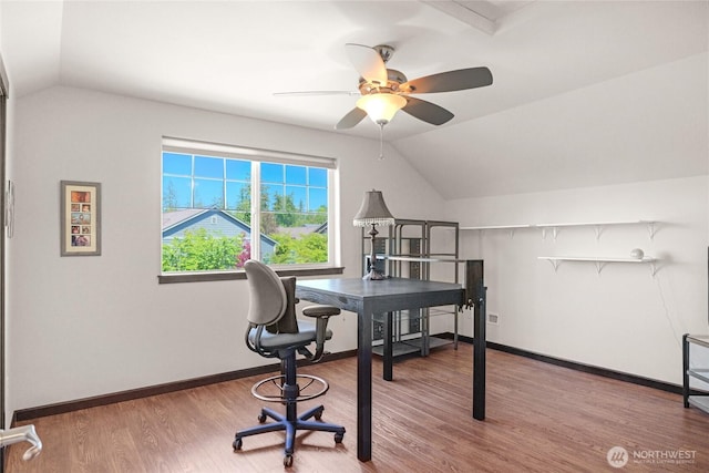 431 Timberland Loop, Mount Vernon, WA 98273 - home office featuring lofted ceiling, wood finished floors, ceiling fan, and baseboards