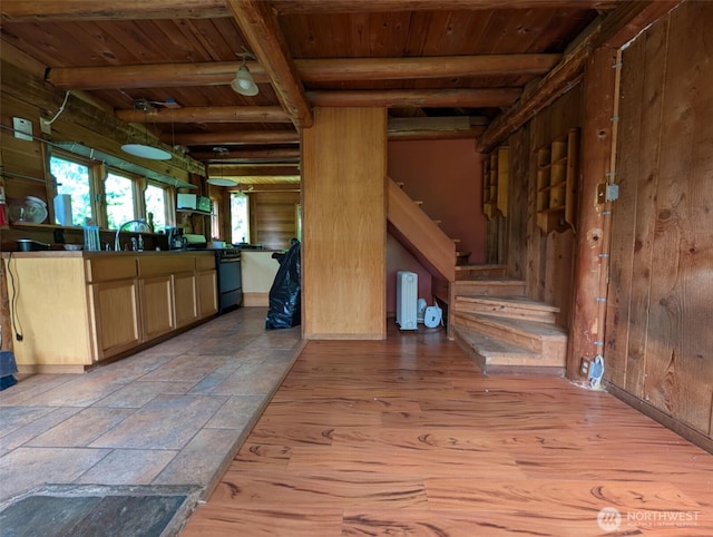 12508 Kellogg Lake Rd, Sultan, WA 98294 - kitchen featuring stove, a wooden ceiling with exposed beams, wood walls, and radiator