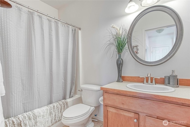 1649 Denise Cir, Wenatchee, WA 98801 - bathroom featuring toilet, vanity, and shower / bath combo with shower curtain