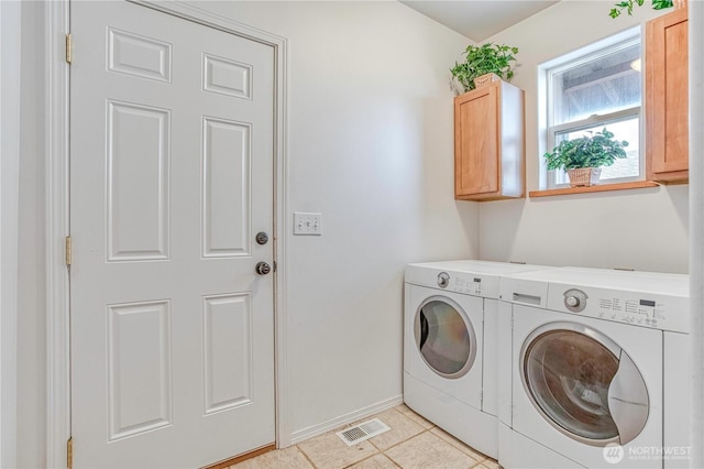 1649 Denise Cir, Wenatchee, WA 98801 - laundry area featuring washer and clothes dryer, cabinet space, baseboards, and light tile patterned floors