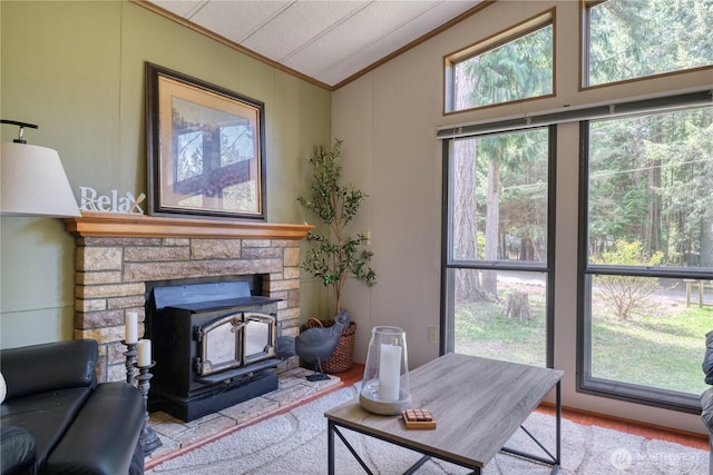 1851 Washington Dr, Point Roberts, WA 98281 - living area with vaulted ceiling, a wood stove, and ornamental molding