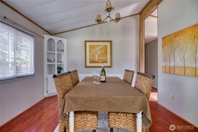1851 Washington Dr, Point Roberts, WA 98281 - dining space with lofted ceiling, dark wood finished floors, and a chandelier