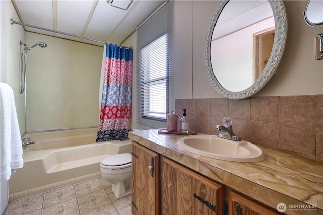 1851 Washington Dr, Point Roberts, WA 98281 - bathroom with toilet, shower / bath combo, vanity, and decorative backsplash