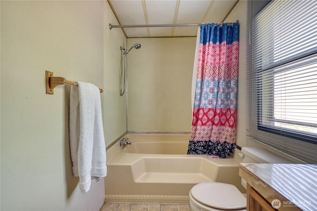 1851 Washington Dr, Point Roberts, WA 98281 - full bathroom with toilet, tile patterned floors, shower / bath combo with shower curtain, and vanity