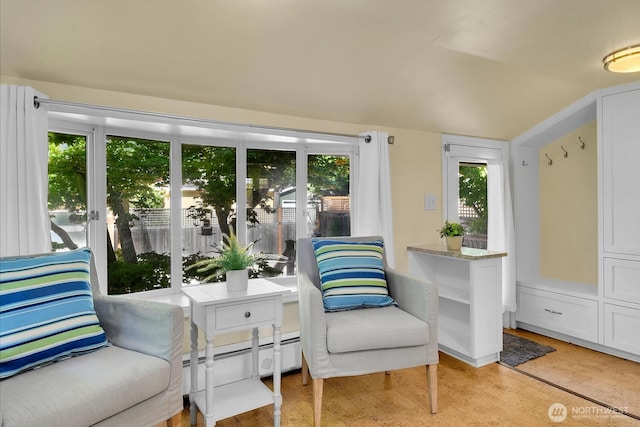 5521 34th Ave NE, Seattle, WA 98105 - sitting room featuring plenty of natural light, vaulted ceiling, light wood-style floors, and baseboard heating