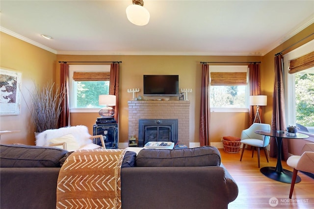1250 Bryant, Walla Walla, WA 99362 - living area featuring wood finished floors, a fireplace, and crown molding
