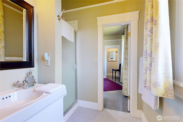 1250 Bryant, Walla Walla, WA 99362 - bathroom featuring tile patterned floors, a shower, baseboards, and vanity