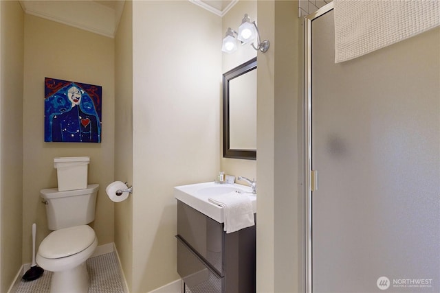 1250 Bryant, Walla Walla, WA 99362 - full bath with toilet, a stall shower, baseboards, ornamental molding, and tile patterned flooring