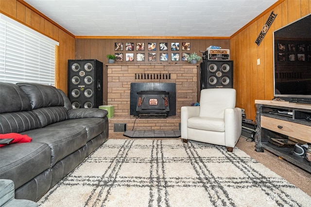 300 Brim Rd, Onalaska, WA 98570 - carpeted living room with a wood stove and wooden walls