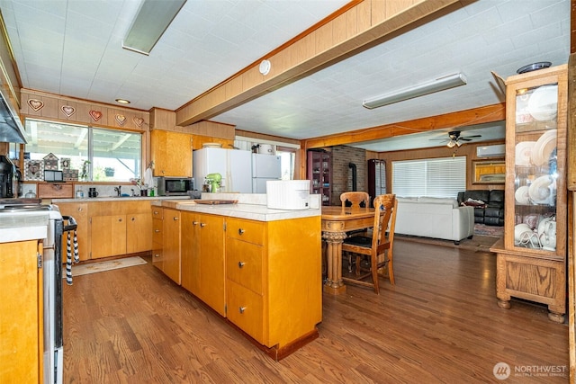 300 Brim Rd, Onalaska, WA 98570 - kitchen with a wood stove, stainless steel appliances, wood finished floors, light countertops, and a ceiling fan