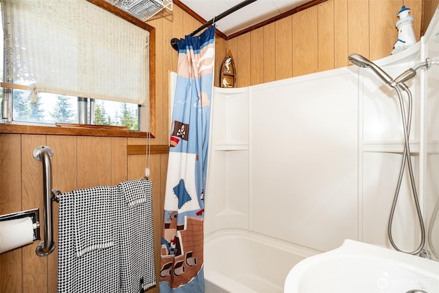 300 Brim Rd, Onalaska, WA 98570 - full bathroom with wooden walls, shower / bath combination with curtain, and a sink
