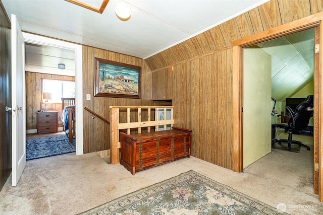 300 Brim Rd, Onalaska, WA 98570 - hall with carpet floors, wooden walls, an office area, and lofted ceiling