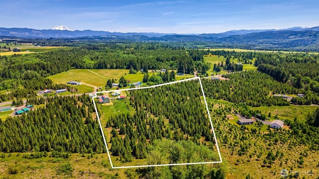 300 Brim Rd, Onalaska, WA 98570 - aerial view of property and surrounding area featuring a heavily wooded area, a mountainous background, and property parcel outlined
