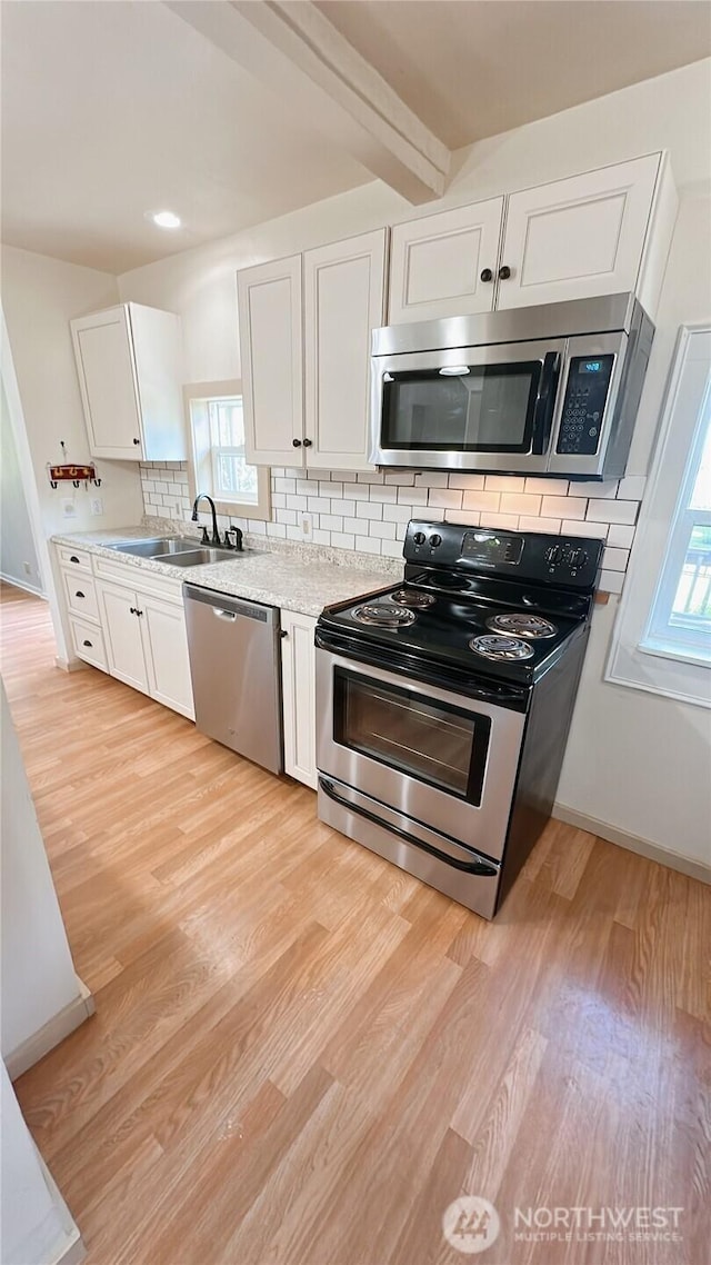 7459 Blaine Rd, Blaine, WA 98230 - kitchen with appliances with stainless steel finishes, a sink, white cabinets, tasteful backsplash, and light wood-type flooring