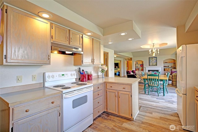 478 Eagle Crest Rd, Camano Island, WA 98282 - kitchen with white appliances, under cabinet range hood, light wood-style flooring, a peninsula, and recessed lighting