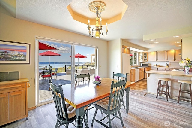 478 Eagle Crest Rd, Camano Island, WA 98282 - dining room featuring healthy amount of natural light, light wood-style floors, a chandelier, a textured ceiling, and a raised ceiling