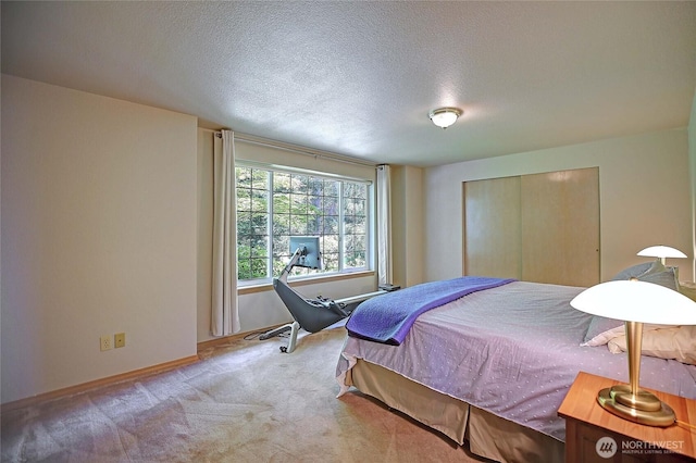 478 Eagle Crest Rd, Camano Island, WA 98282 - carpeted bedroom featuring a closet, baseboards, and a textured ceiling