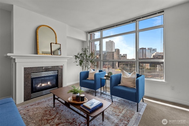 1420 Terry Ave Unit 1203, Seattle, WA 98101 - carpeted living room with a city view, a high end fireplace, and baseboards