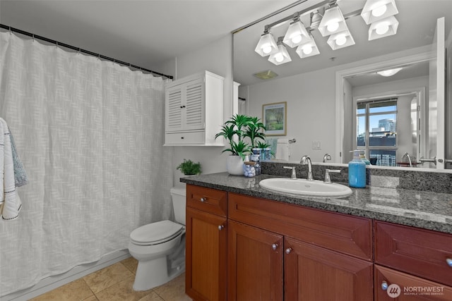 1420 Terry Ave Unit 1203, Seattle, WA 98101 - bathroom featuring vanity, toilet, tile patterned floors, and a shower with curtain