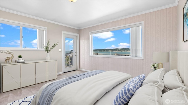 1042 Shorecrest Pl, Camano Island, WA 98282 - bedroom featuring access to outside, light colored carpet, and ornamental molding