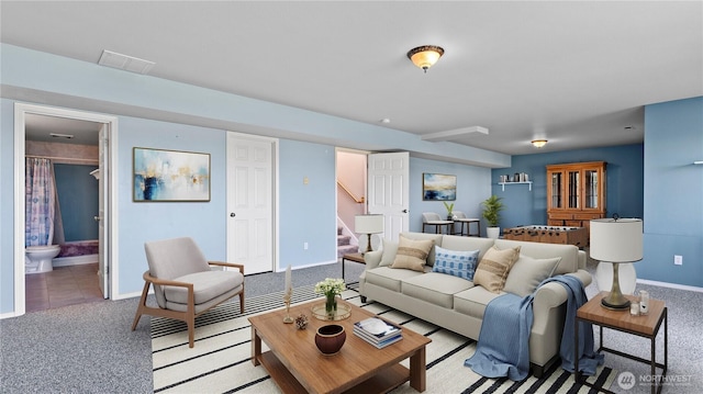 1042 Shorecrest Pl, Camano Island, WA 98282 - carpeted living area with stairway and baseboards