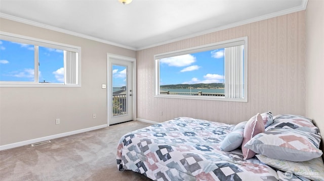 1042 Shorecrest Pl, Camano Island, WA 98282 - carpeted bedroom with access to exterior and ornamental molding