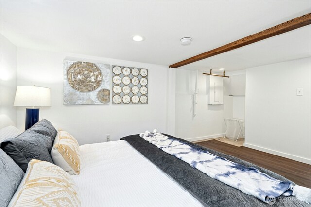 10056 Interlake Ave N, Seattle, WA 98133 - bedroom with dark wood-type flooring, baseboards, recessed lighting, and beamed ceiling