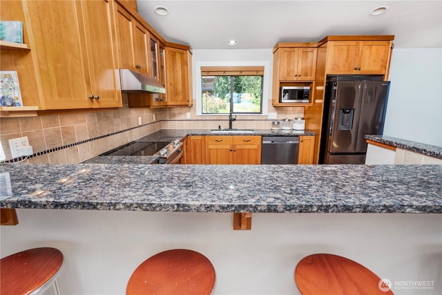 2715 Garfield Ave SE, Port Orchard, WA 98366 - kitchen featuring stainless steel appliances, under cabinet range hood, backsplash, dark stone countertops, and a sink