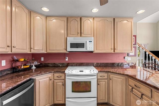 2509 Boston Ave NW, East Wenatchee, WA 98802 - kitchen with white appliances, light brown cabinetry, recessed lighting, and dark stone counters