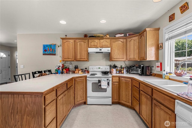 2509 Boston Ave NW, East Wenatchee, WA 98802 - kitchen with white appliances, a sink, a peninsula, under cabinet range hood, and light countertops