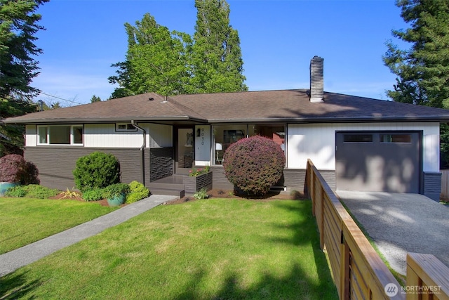 9030 6th Ave NW, Seattle, WA 98117 - ranch-style home with a garage, driveway, a chimney, a front yard, and a shingled roof