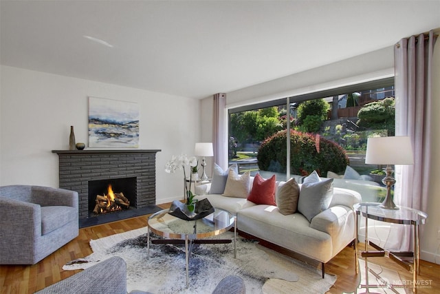 9030 6th Ave NW, Seattle, WA 98117 - living room with a fireplace, wood finished floors, and baseboards