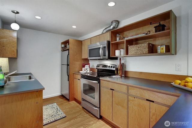 9030 6th Ave NW, Seattle, WA 98117 - kitchen featuring stainless steel appliances, a sink, open shelves, light wood finished floors, and recessed lighting