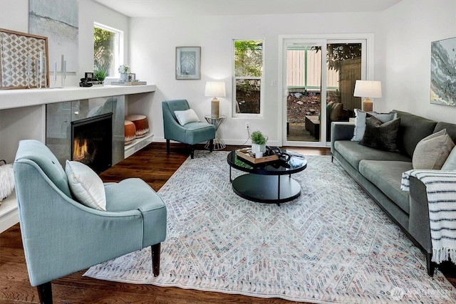 6128 202nd St SW Unit 101, Lynnwood, WA 98036 - living area featuring a premium fireplace and wood finished floors