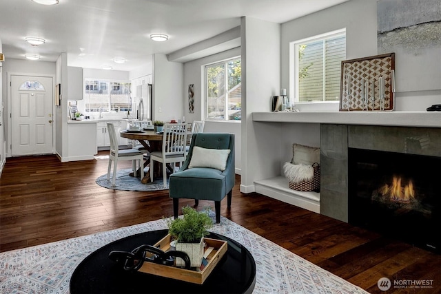 6128 202nd St SW Unit 101, Lynnwood, WA 98036 - living room featuring dark wood finished floors and a tiled fireplace